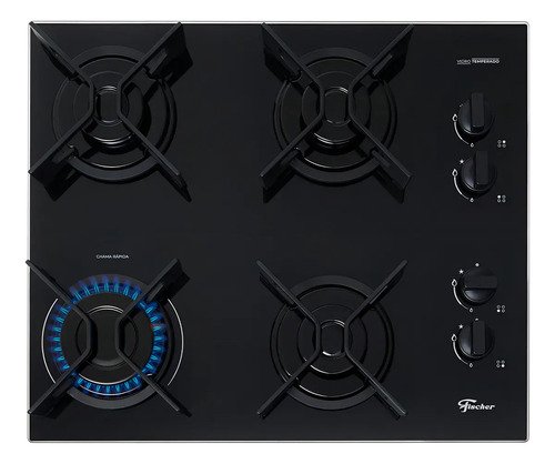 Cooktop Fit Line Fischer 4 Bocas Chama Rapida Trempe Iron Vidro Preto