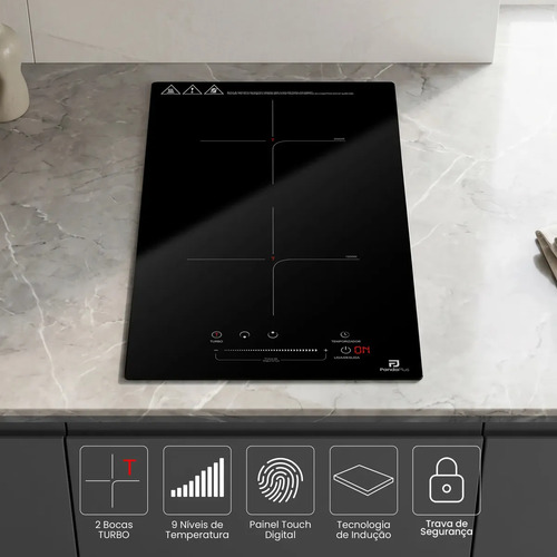 Cooktop Indução 2 Bocas Panda Plus 3500W Preto Turbo 220V Embutir Bancada Vitrocerâmico Touch Trava Segurança