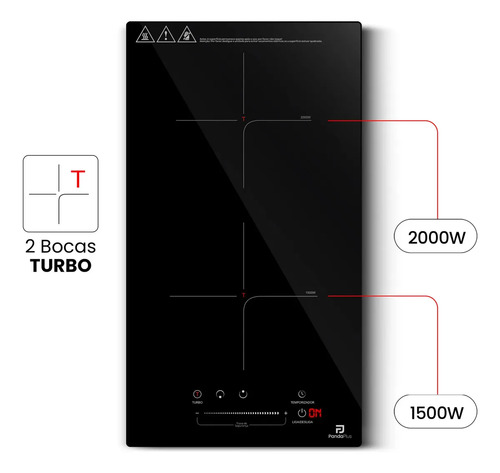 Cooktop Indução 2 Bocas Panda Plus 3500W Preto Turbo 220V Embutir Bancada Vitrocerâmico Touch Trava Segurança