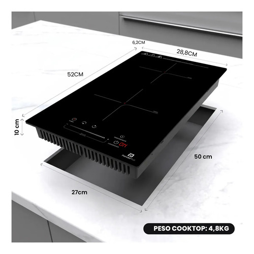 Cooktop Indução 2 Bocas Panda Plus 3500W Preto Turbo 220V Embutir Bancada Vitrocerâmico Touch Trava Segurança