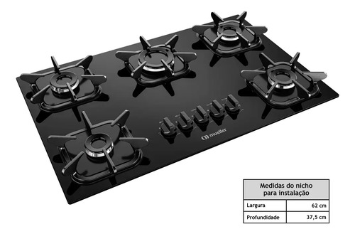 Cooktop Mueller 5 Bocas com Queimador Ultra Chama Preto
