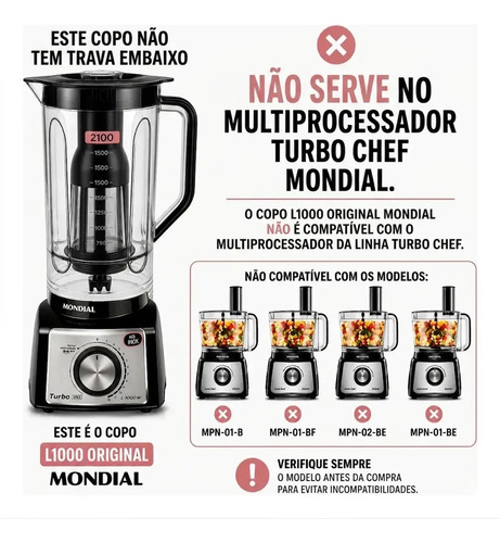 Copo Liquidificador Mondial Turbo Inox L1200 L-1200 Preto