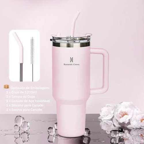 Copo Térmico Gigante 1,2l Inox Com Tampa E Inox Canudo Cor Rosa Cor Pura / Material Fosco