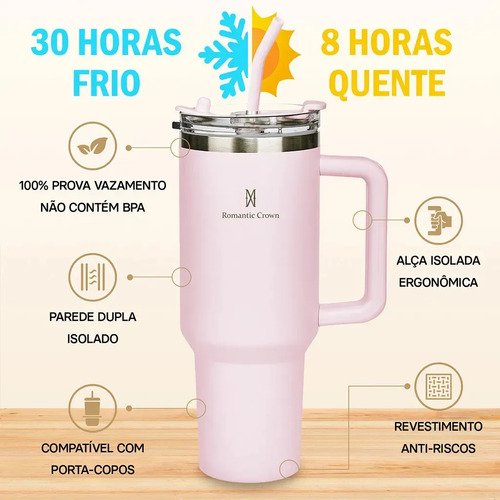 Copo Térmico Gigante 1,2l Inox Com Tampa E Inox Canudo Cor Rosa Cor Pura / Material Fosco