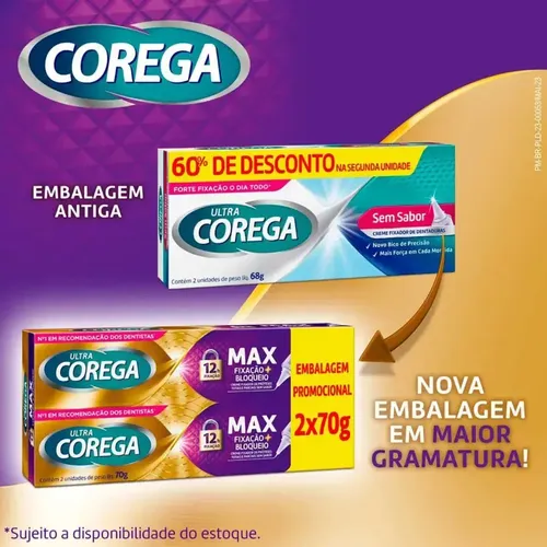 Corega Ultra Creme Max Fixação Sem Sabor Kit Corega 2un. 70g