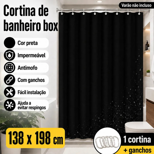 Cortina de banheiro box lisa impermeavel antimofo com gancho
