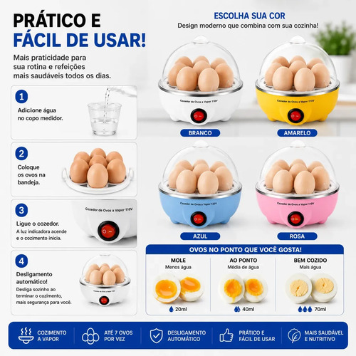 Cozedor Elétrico de Ovos Commlite Para 7 Ovos Com Desligamento Automático
