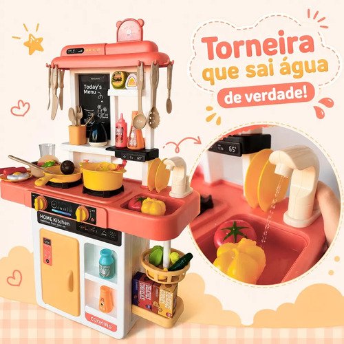 Cozinha De Brinquedo Infantil Com Acessórios Sai Água E Som Rosa