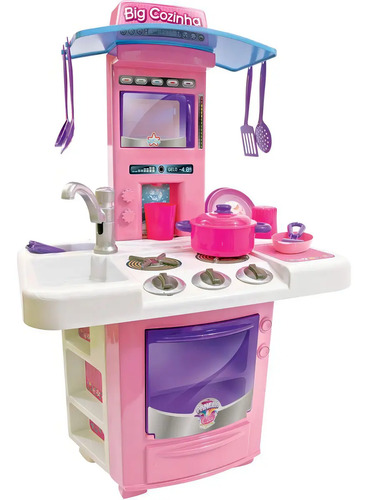 Cozinha infantil big star rosa 69cm torneira agua fogao forn