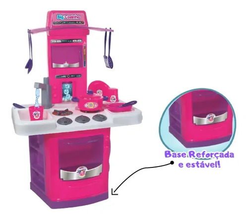 Cozinha Infantil Big Star Rosa 69cm Torneira Água Fogão Forno 16 Peças
