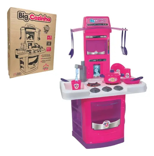 Cozinha Infantil Big Star Rosa 69cm Torneira Água Fogão Forno 16 Peças