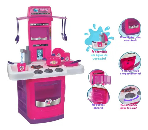 Cozinha Infantil Big Star Rosa 69cm Torneira Água Fogão Forno 16 Peças