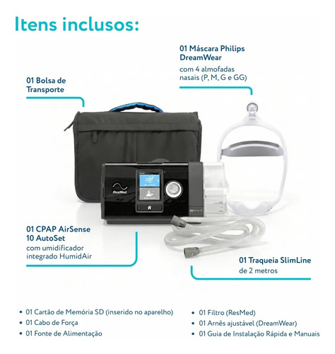 Cpap Automático S10 Autoset Com Umid+máscara Nasal Dreamwear