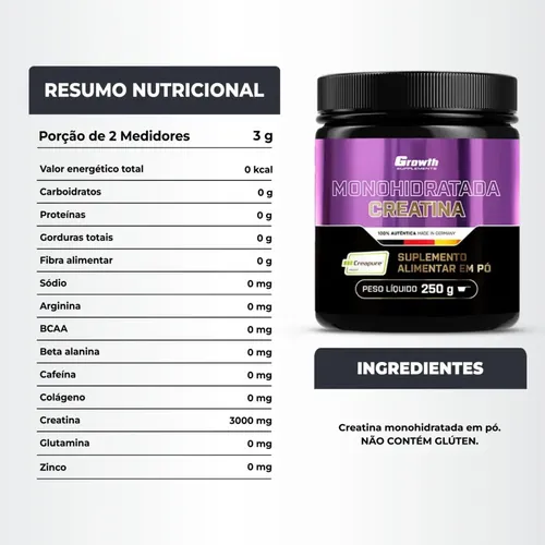 Creatina Creapure Growth Suplementos 250g Sem Sabor Original