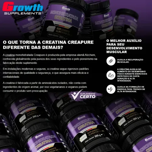 Creatina Creapure Growth Suplementos 250g Sem Sabor Original