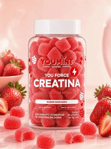Creatina gummy zero acucar 60 gomas youmint sabor morango