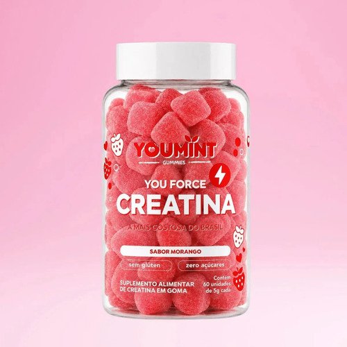 Creatina Gummy Zero Açúcar 60 Gomas Youmint Sabor Morango