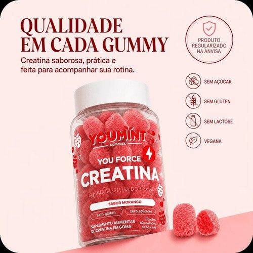 Creatina Gummy Zero Açúcar 60 Gomas Youmint Sabor Morango