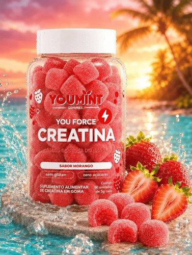 Creatina Gummy Zero Açúcar 60 Gomas Youmint Sabor Morango