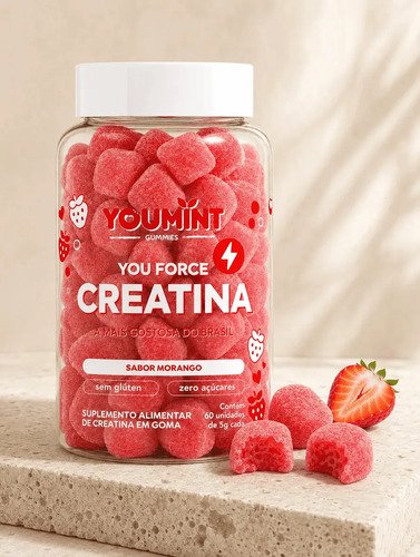 Creatina Gummy Zero Açúcar 60 Gomas Youmint Sabor Morango