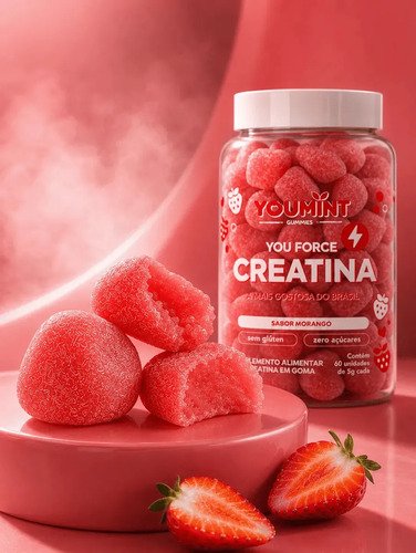 Creatina Gummy Zero Açúcar 60 Gomas Youmint Sabor Morango