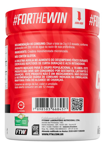 Creatina Monohidratada 100% Pura Pote 1kg - FTW