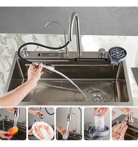 Cuba Cascata Premium Completa Com Acessórios Torneira Monocomando E Lavador De Copos Cozinha Gourmet Aço Inox 304 Cor Prata Widna