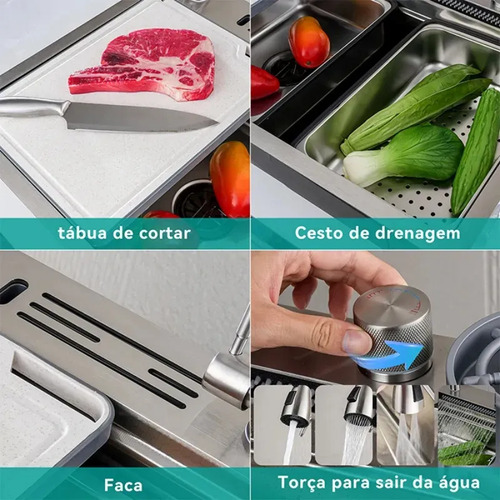 Cuba Cascata Premium Completa Com Acessórios Torneira Monocomando E Lavador De Copos Cozinha Gourmet Aço Inox 304 Cor Prata Widna