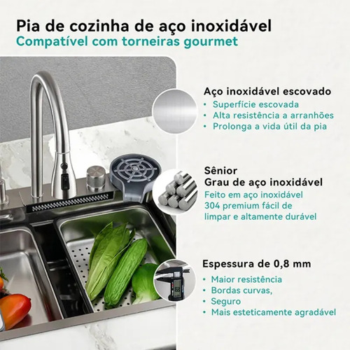 Cuba Cascata Premium Completa Com Acessórios Torneira Monocomando E Lavador De Copos Cozinha Gourmet Aço Inox 304 Cor Prata Widna