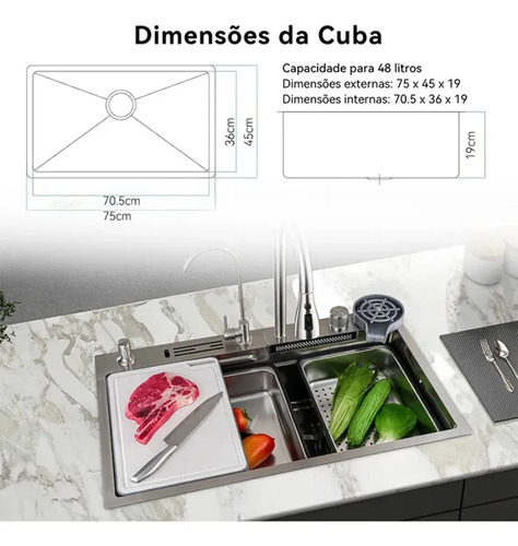 Cuba Cascata Premium Completa Com Acessórios Torneira Monocomando E Lavador De Copos Cozinha Gourmet Aço Inox 304 Cor Prata Widna