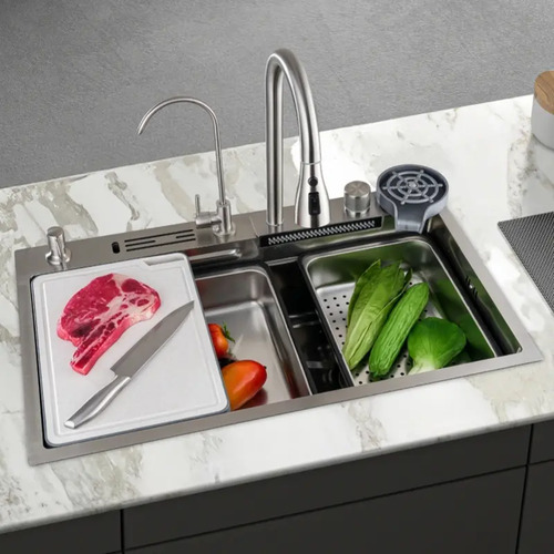 Cuba Cascata Premium Completa Com Acessórios Torneira Monocomando E Lavador De Copos Cozinha Gourmet Aço Inox 304 Cor Prata Widna