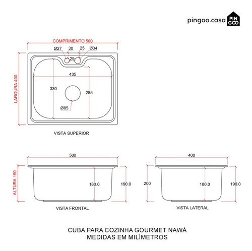 Cuba Gourmet para Cozinha Aço Inox 201 50x40cm Nawa Prata - Pingoo.casa