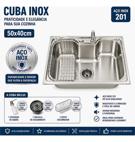 Cuba pia cozinha gourmet aco inox 50x40 zentra imports c ace