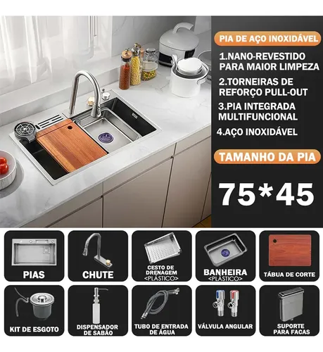 Cuba Pia De Cozinha Gourmet Inox 304 Com Torneira Acessórios