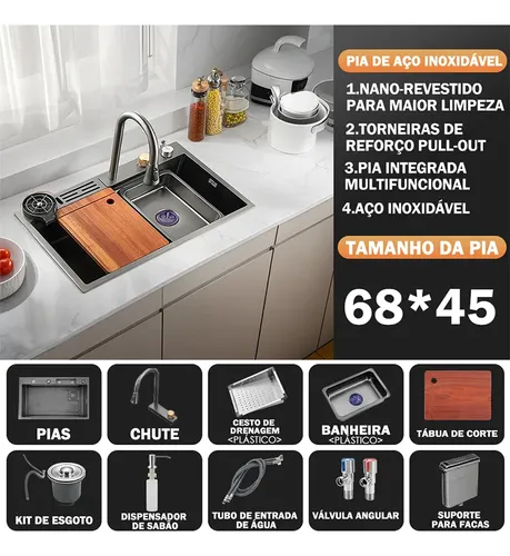 Cuba Pia De Cozinha Gourmet Inox 304 Com Torneira Acessórios