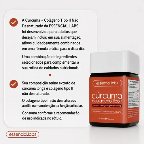 CÚRCUMA 130mg + COLÁGENO Tipo Ii 45mg - Fórmula com Máxima Concentração e Pureza - 60 Cápsulas