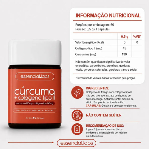 CÚRCUMA 130mg + COLÁGENO Tipo Ii 45mg - Fórmula com Máxima Concentração e Pureza - 60 Cápsulas