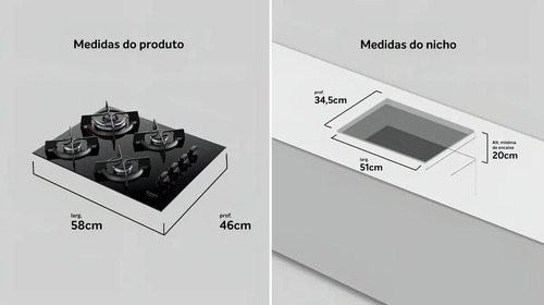 Dako Cooktop Supreme Fogão Gás 4 Boca Mesa De Vidro Tripla Chama Preto