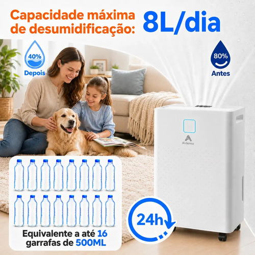 Desumidificador Compressor 8L/Dia, Silencioso, Antimofo, Área Até 120m², Controle Wi-Fi, Drenagem Contínua, Timer 24h, Display Digital, Filtro Removível, Para Quartos e Salas, Airluma