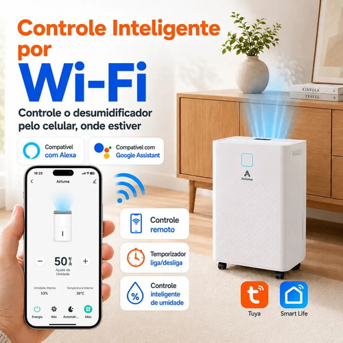 Desumidificador Compressor 8L/Dia, Silencioso, Antimofo, Área Até 120m², Controle Wi-Fi, Drenagem Contínua, Timer 24h, Display Digital, Filtro Removível, Para Quartos e Salas, Airluma