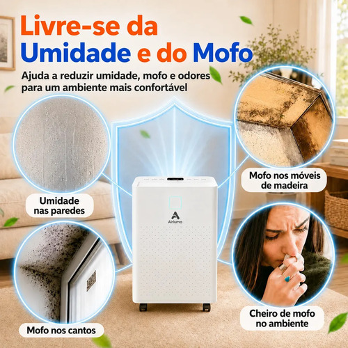 Desumidificador Compressor 8L/Dia, Silencioso, Antimofo, Área Até 120m², Controle Wi-Fi, Drenagem Contínua, Timer 24h, Display Digital, Filtro Removível, Para Quartos e Salas, Airluma