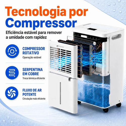 Desumidificador Compressor 8L/Dia, Silencioso, Antimofo, Área Até 120m², Controle Wi-Fi, Drenagem Contínua, Timer 24h, Display Digital, Filtro Removível, Para Quartos e Salas, Airluma