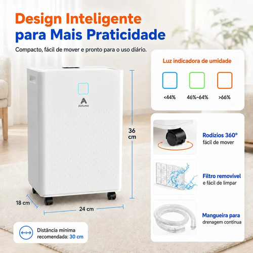Desumidificador Compressor 8L/Dia, Silencioso, Antimofo, Área Até 120m², Controle Wi-Fi, Drenagem Contínua, Timer 24h, Display Digital, Filtro Removível, Para Quartos e Salas, Airluma