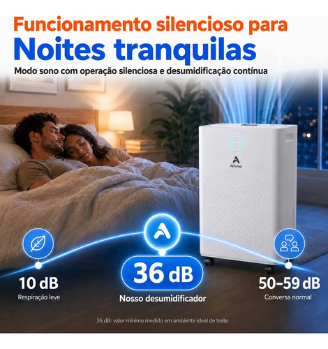 Desumidificador Compressor 8L/Dia, Silencioso, Antimofo, Área Até 120m², Controle Wi-Fi, Drenagem Contínua, Timer 24h, Display Digital, Filtro Removível, Para Quartos e Salas, Airluma