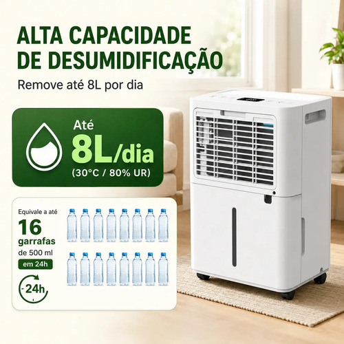 Desumidificador Compressor Airluma 8L/dia Antimofo com Wi-Fi e Drenagem Contínua, Silencioso, Até 120 m², Timer 24h, Filtro Lavável, Para Quarto e Banheiro, Rodinhas 360°, Branco