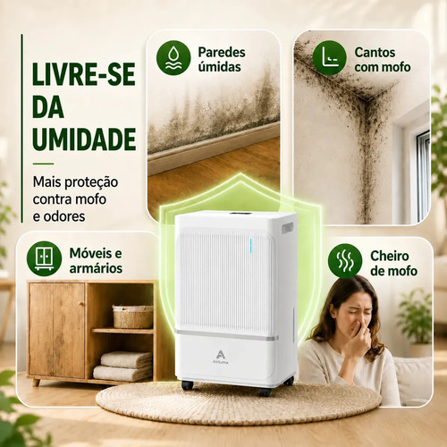 Desumidificador Compressor Airluma 8L/dia Antimofo com Wi-Fi e Drenagem Contínua, Silencioso, Até 120 m², Timer 24h, Filtro Lavável, Para Quarto e Banheiro, Rodinhas 360°, Branco