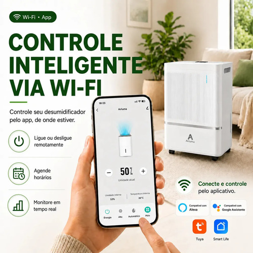 Desumidificador Compressor Airluma 8L/dia Antimofo com Wi-Fi e Drenagem Contínua, Silencioso, Até 120 m², Timer 24h, Filtro Lavável, Para Quarto e Banheiro, Rodinhas 360°, Branco