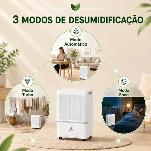 Desumidificador Compressor Airluma 8L/dia Antimofo com Wi-Fi e Drenagem Contínua, Silencioso, Até 120 m², Timer 24h, Filtro Lavável, Para Quarto e Banheiro, Rodinhas 360°, Branco