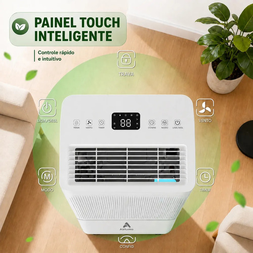 Desumidificador Compressor Airluma 8L/dia Antimofo com Wi-Fi e Drenagem Contínua, Silencioso, Até 120 m², Timer 24h, Filtro Lavável, Para Quarto e Banheiro, Rodinhas 360°, Branco
