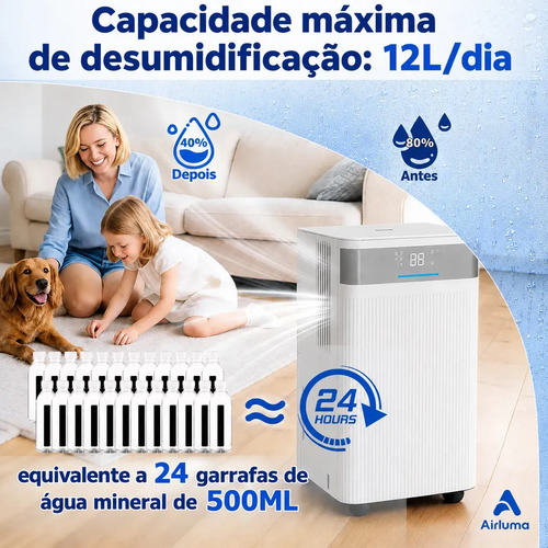 Desumidificador de Ar Airluma 12L/dia com Compressor e Wi-Fi, Timer 24h, Antimofo, 3 Modos, Rodinhas 360°, Drenagem Contínua, para Banheiro, Quarto Infantil e Ambientes com Ar
